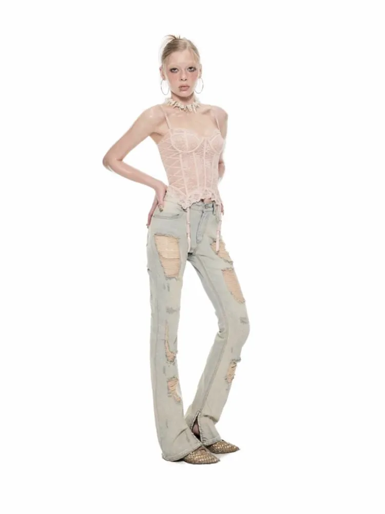Heavyweight Vintage Washed Hole Slimming Jeans【s0000009425】