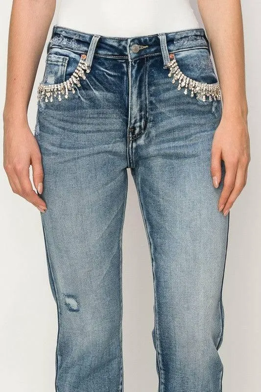 High Rise Crystal Embellished Straight Jeans