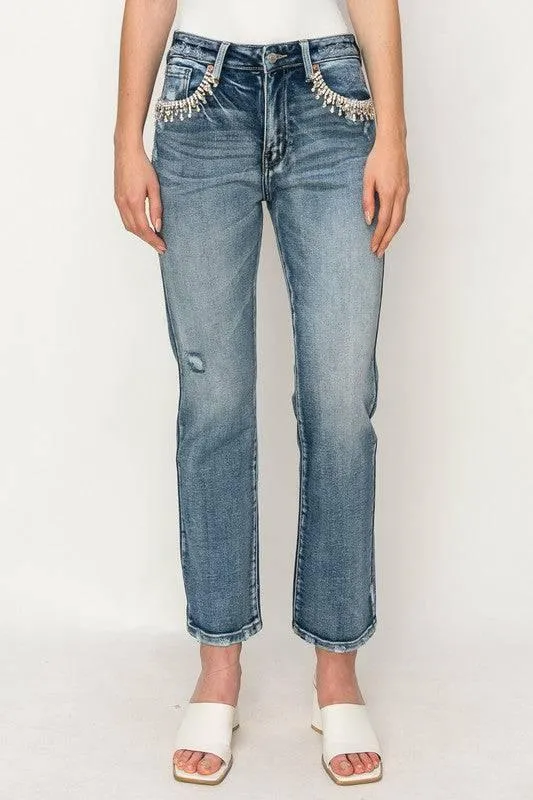High Rise Crystal Embellished Straight Jeans