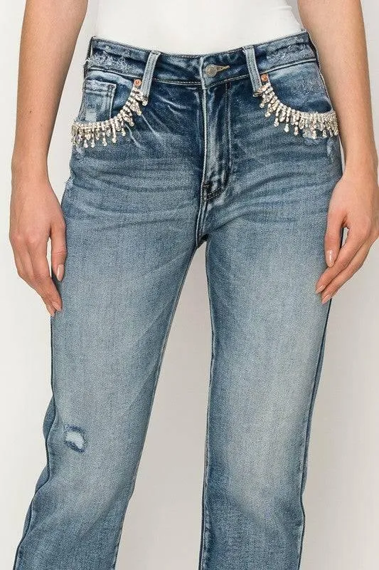 High Rise Crystal Embellished Straight Jeans