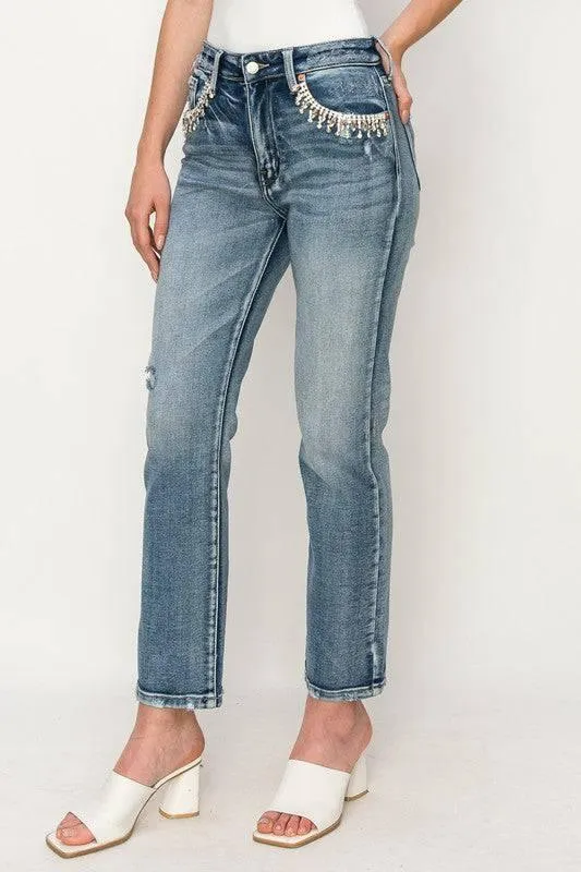 High Rise Crystal Embellished Straight Jeans