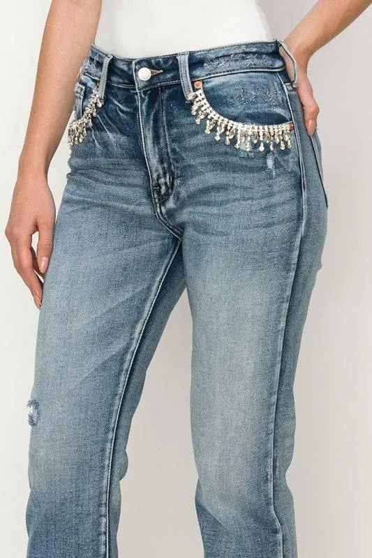 High Rise Crystal Embellished Straight Jeans
