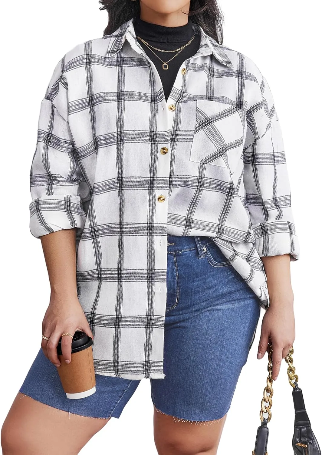 IN'VOLAND Womens Plus Size Flannel Plaid Soft Flannel Button Down Shirt Roll Up Long Sleeve Flannel Plaid Shirt Blouses White