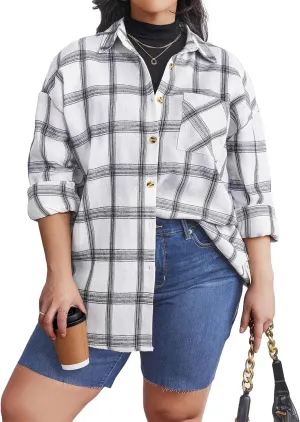 IN'VOLAND Womens Plus Size Flannel Plaid Soft Flannel Button Down Shirt Roll Up Long Sleeve Flannel Plaid Shirt Blouses White