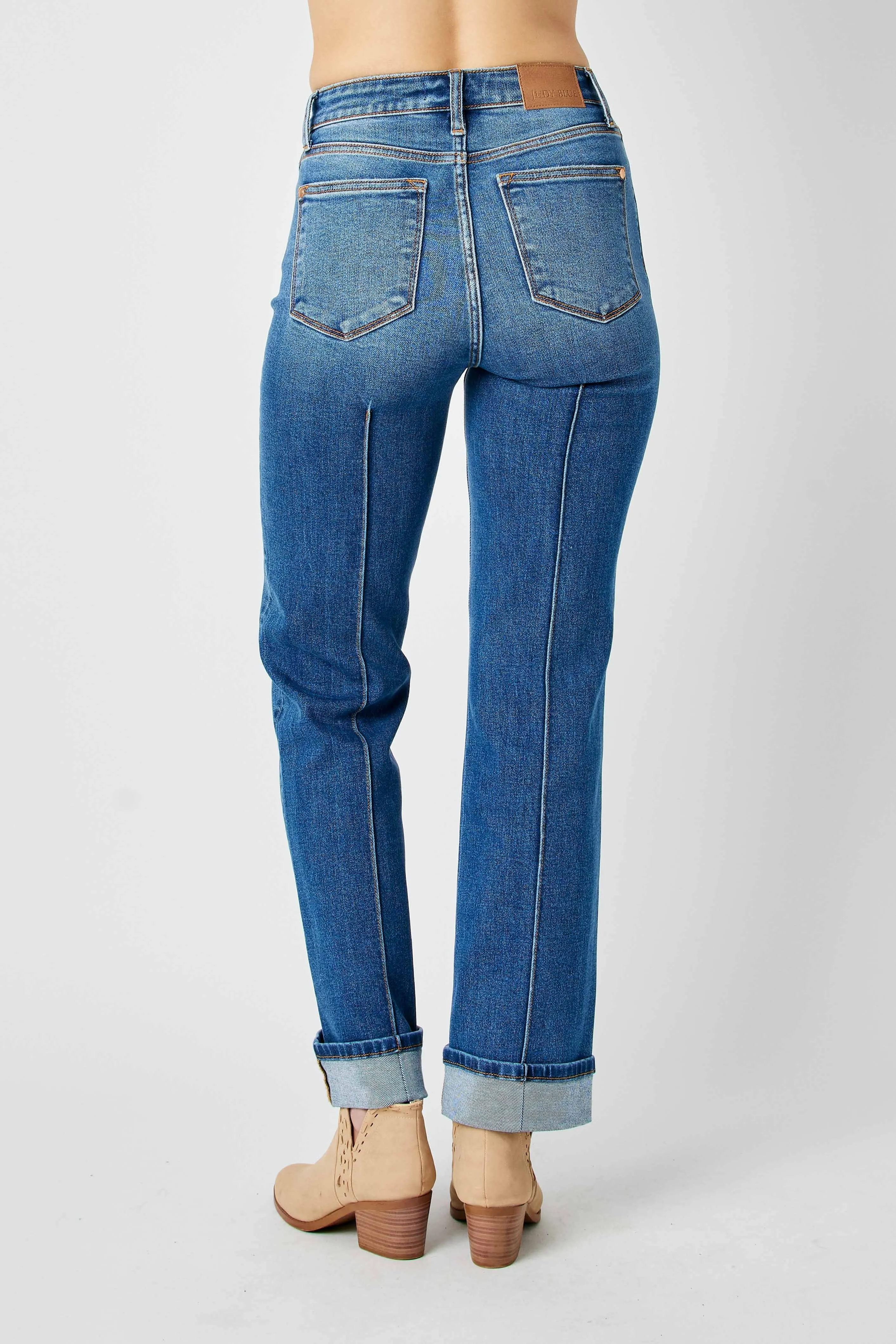 Judy Blue High Waist Front Seam Cuff Detail Straight Jeans