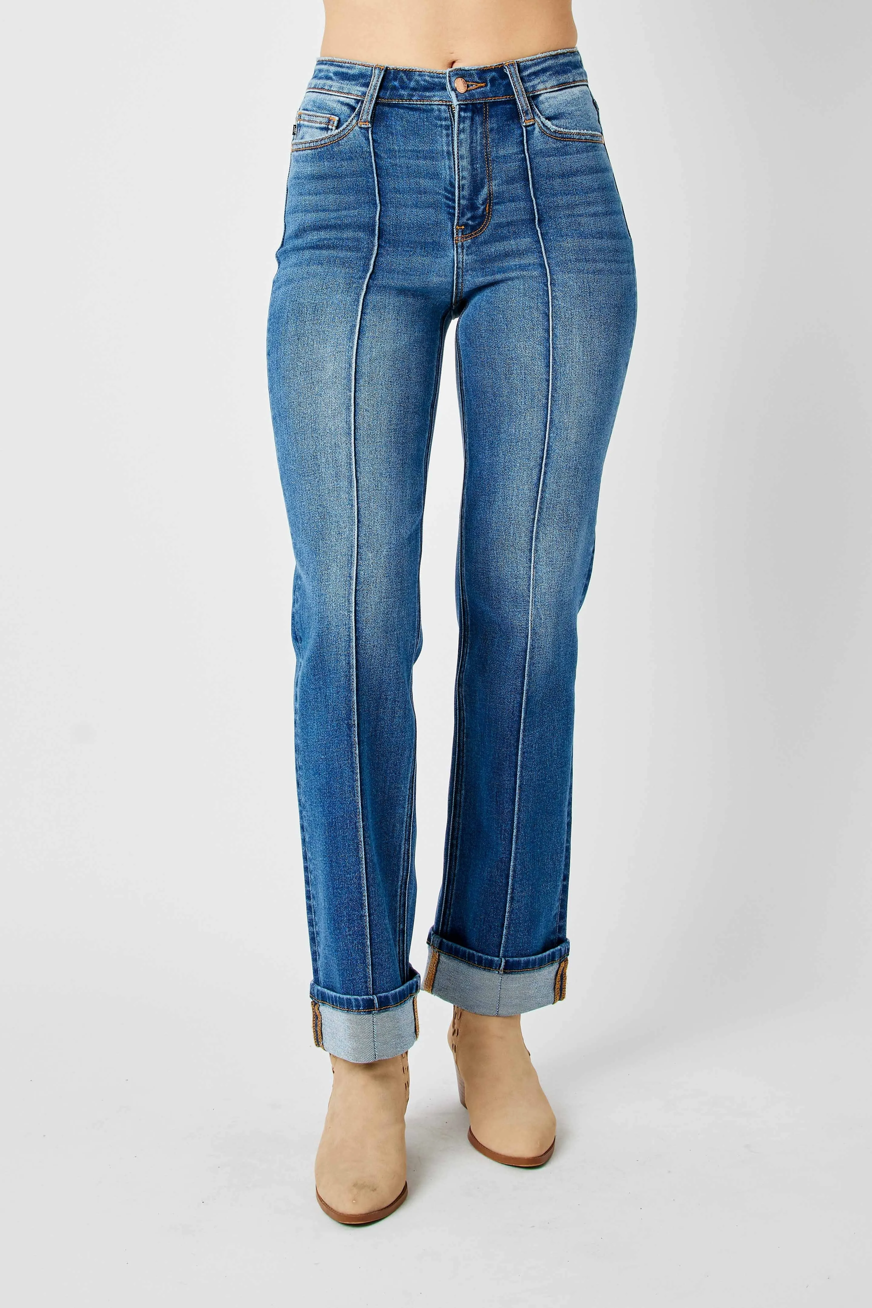 Judy Blue High Waist Front Seam Cuff Detail Straight Jeans