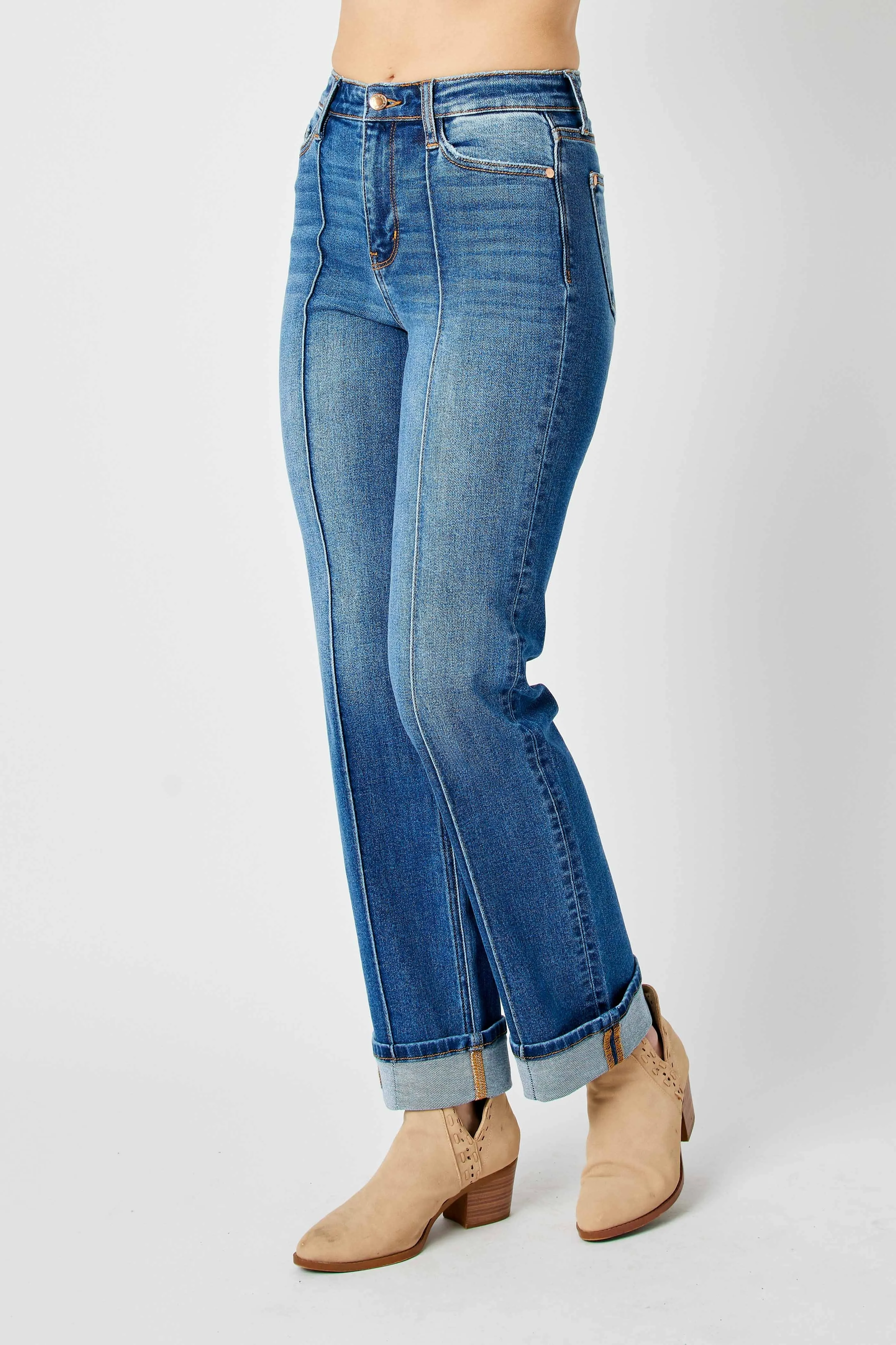 Judy Blue High Waist Front Seam Cuff Detail Straight Jeans