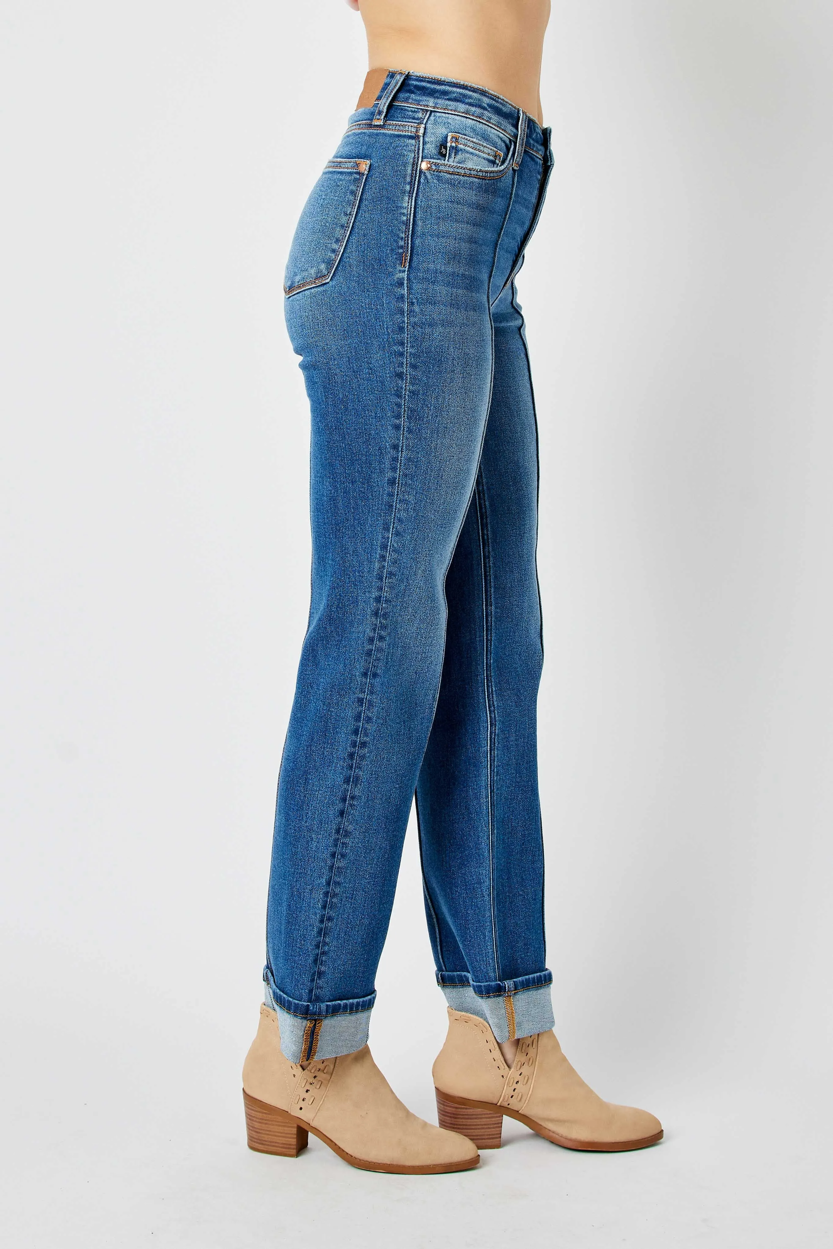 Judy Blue High Waist Front Seam Cuff Detail Straight Jeans