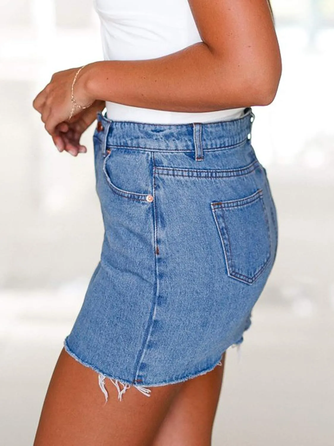 Just Quella Women's Stretch Washed Vintage Jean Skirt Fringed Slim Fit Denim Mini Skirt