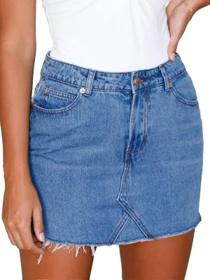 Just Quella Women's Stretch Washed Vintage Jean Skirt Fringed Slim Fit Denim Mini Skirt