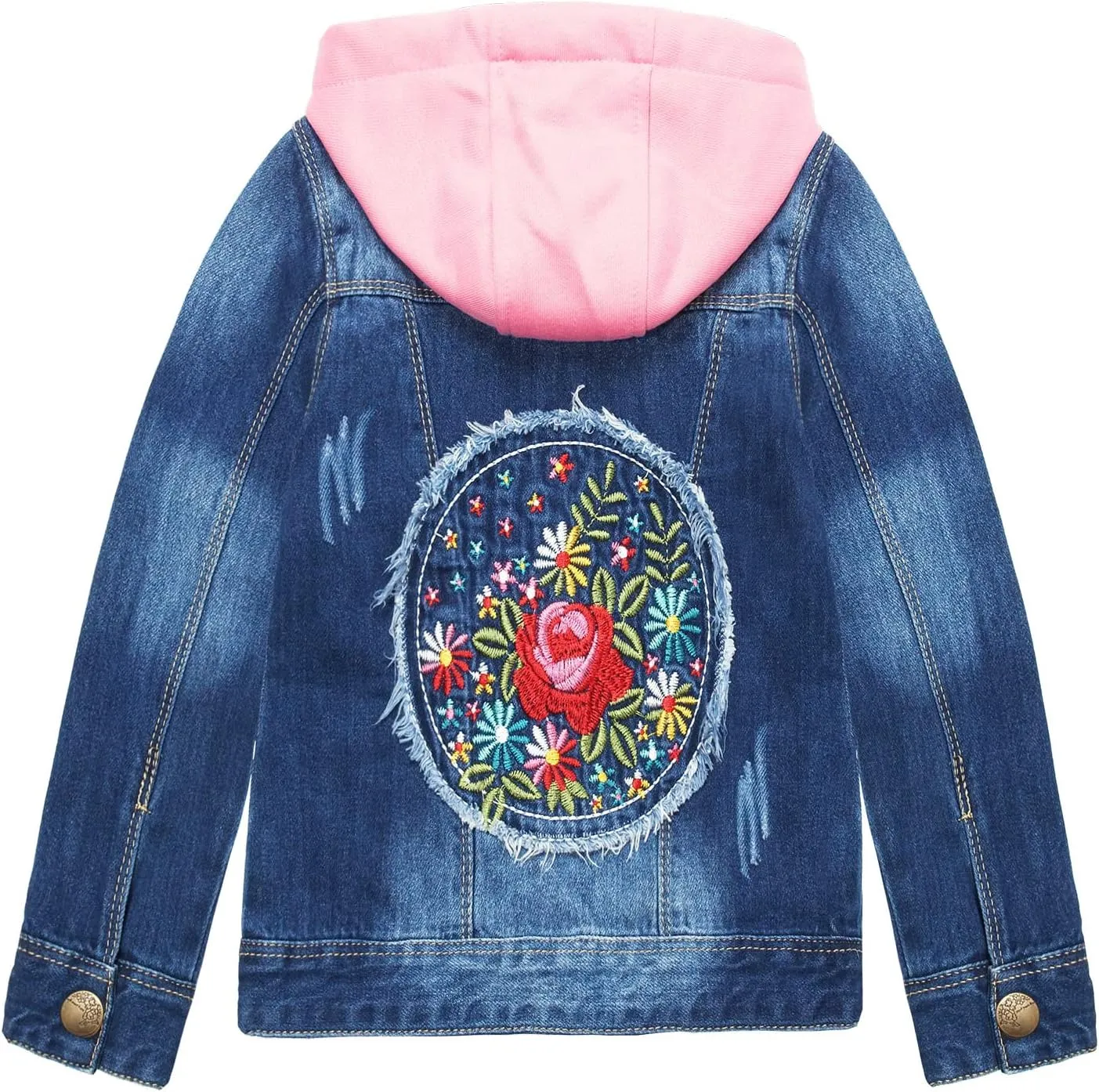 KIDSCOOL SPACE Little Girl Jean Jacket,Flower Embroidered Denim Outfits