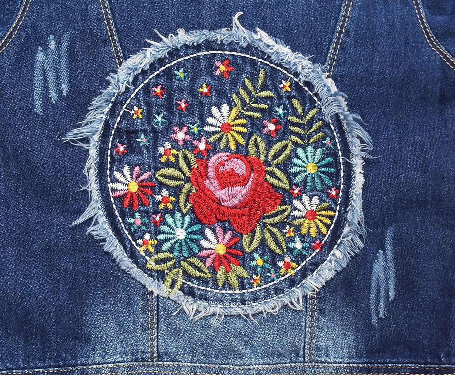 KIDSCOOL SPACE Little Girl Jean Jacket,Flower Embroidered Denim Outfits