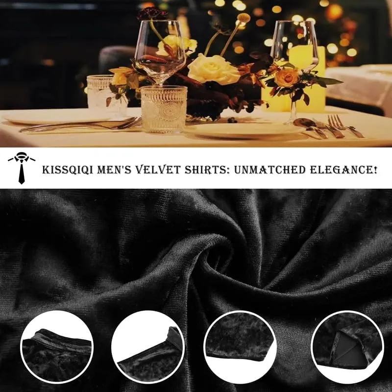 KISSQIQI Mens Dress Shirts Velvet Long Sleeve Shirts Casual Button Down Solid Slim Fit Muscle Shirt for Wedding Party