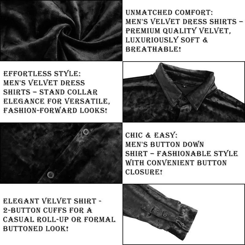 KISSQIQI Mens Dress Shirts Velvet Long Sleeve Shirts Casual Button Down Solid Slim Fit Muscle Shirt for Wedding Party