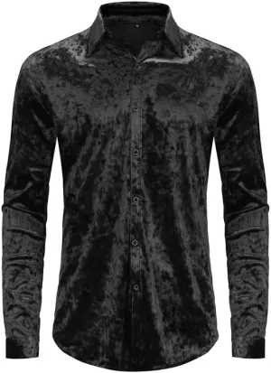 KISSQIQI Mens Dress Shirts Velvet Long Sleeve Shirts Casual Button Down Solid Slim Fit Muscle Shirt for Wedding Party