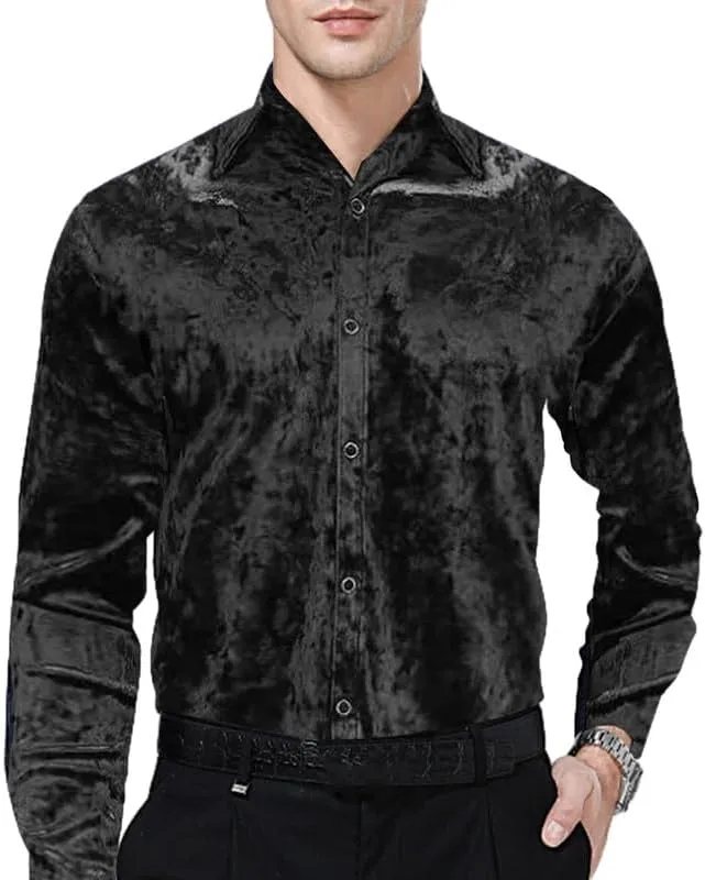 KISSQIQI Mens Dress Shirts Velvet Long Sleeve Shirts Casual Button Down Solid Slim Fit Muscle Shirt for Wedding Party
