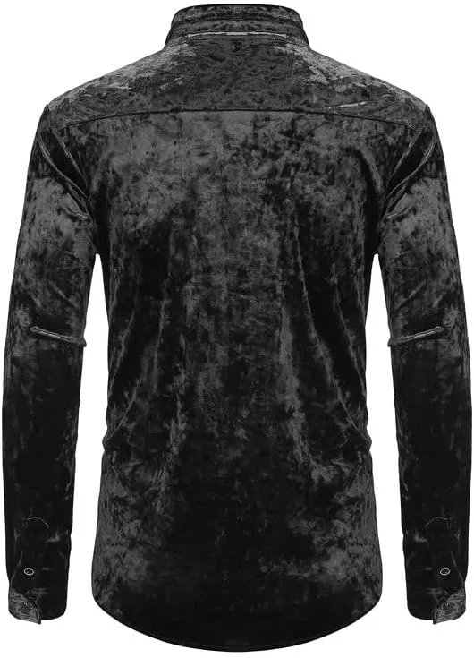 KISSQIQI Mens Dress Shirts Velvet Long Sleeve Shirts Casual Button Down Solid Slim Fit Muscle Shirt for Wedding Party