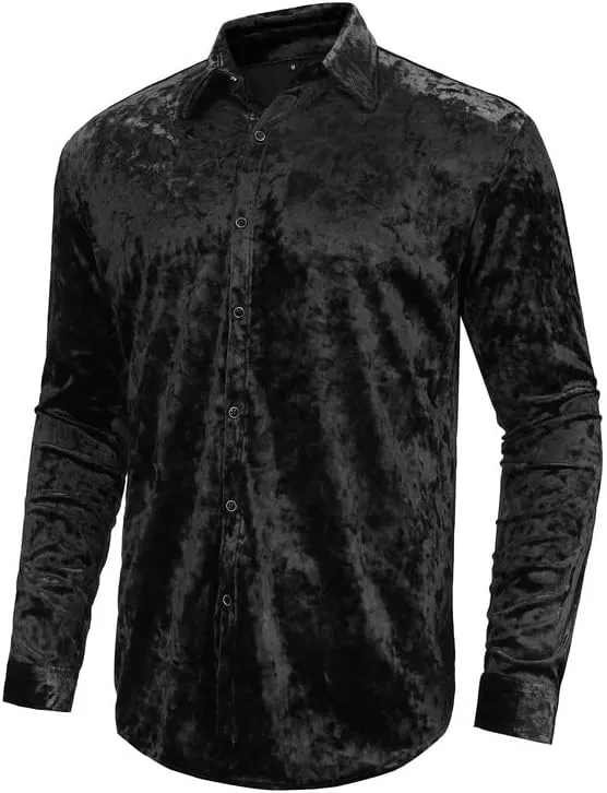 KISSQIQI Mens Dress Shirts Velvet Long Sleeve Shirts Casual Button Down Solid Slim Fit Muscle Shirt for Wedding Party