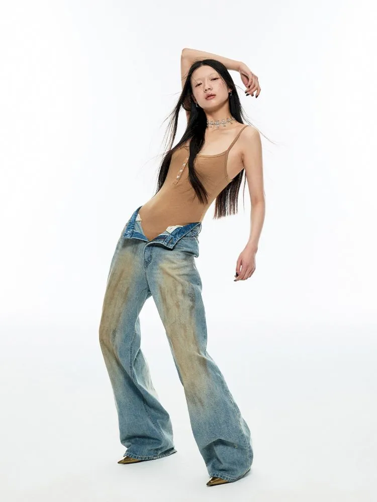 Light blue washed yellow clay-dyed wide-leg jeans【s0000006278】