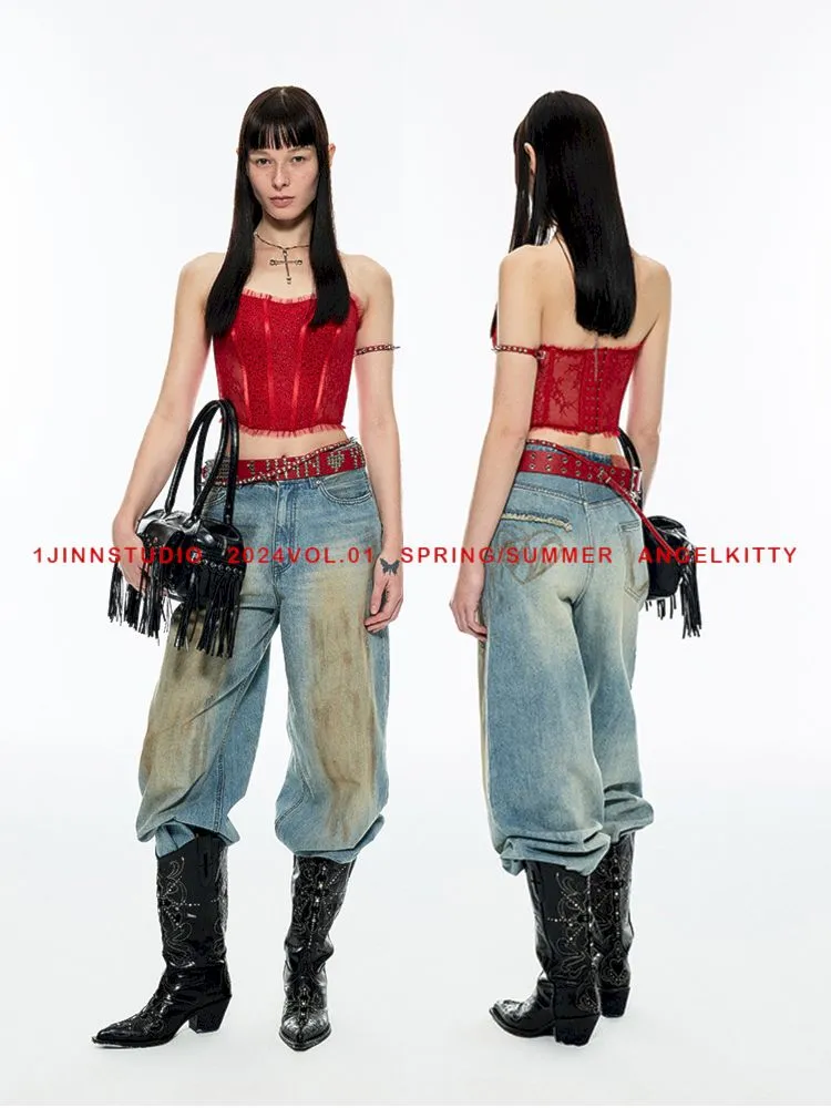 Light blue washed yellow clay-dyed wide-leg jeans【s0000006278】