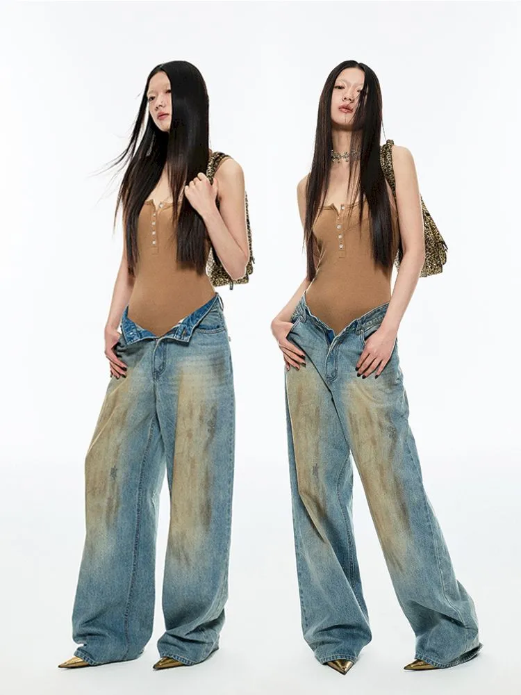 Light blue washed yellow clay-dyed wide-leg jeans【s0000006278】