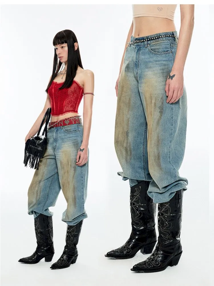 Light blue washed yellow clay-dyed wide-leg jeans【s0000006278】