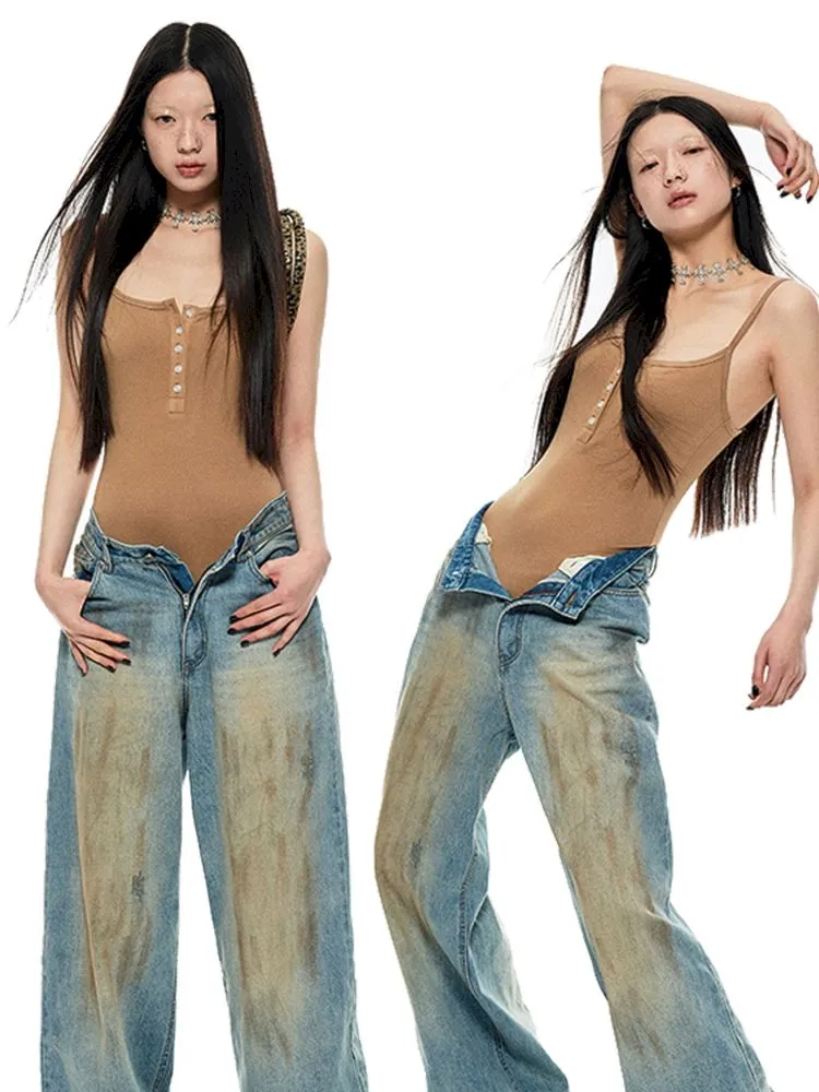 Light blue washed yellow clay-dyed wide-leg jeans【s0000006278】