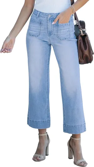 luvamia Wide Leg Jeans for Women Trendy High Waisted Flare Jeans Cropped Denim Pants Stretchy Baggy with Patch Pockets
