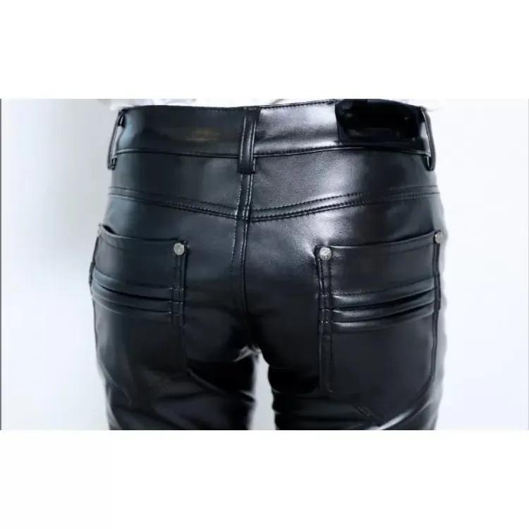 Male Hip Hop Style Genuine Black Leather Pencil Pants