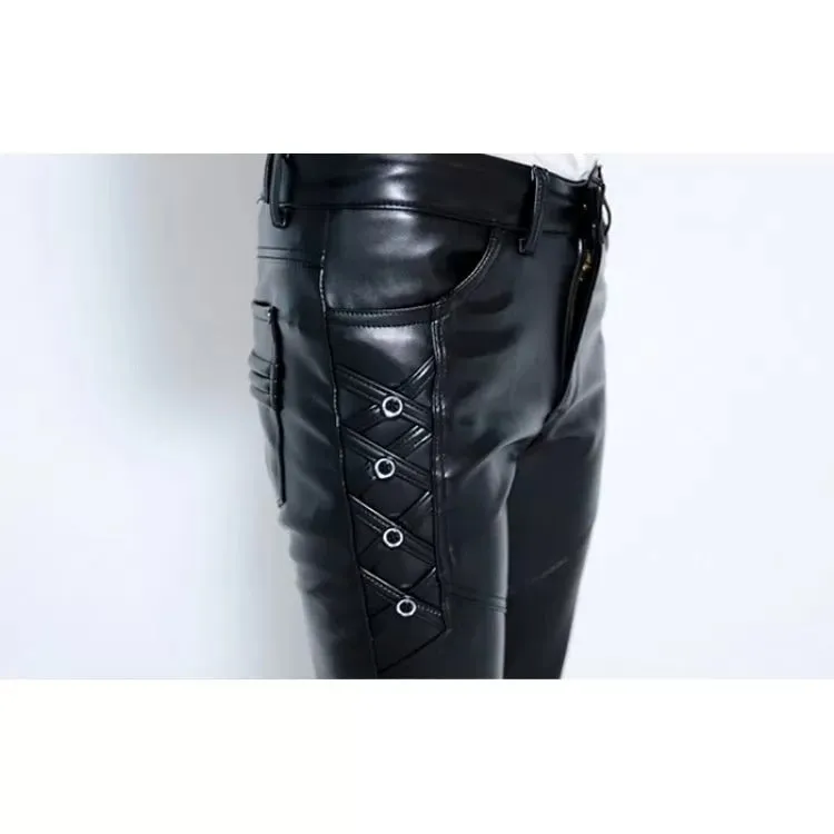 Male Hip Hop Style Genuine Black Leather Pencil Pants