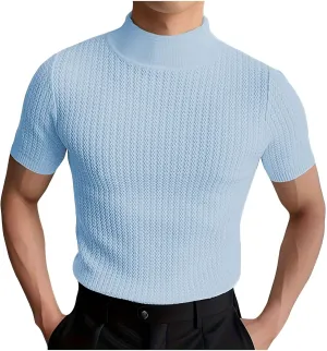 Men Mock Turtleneck Tshirt Ribbed High Collar Short Sleeve Pullover Tops Spring Summer Basic Fitted Muscle Undershirt