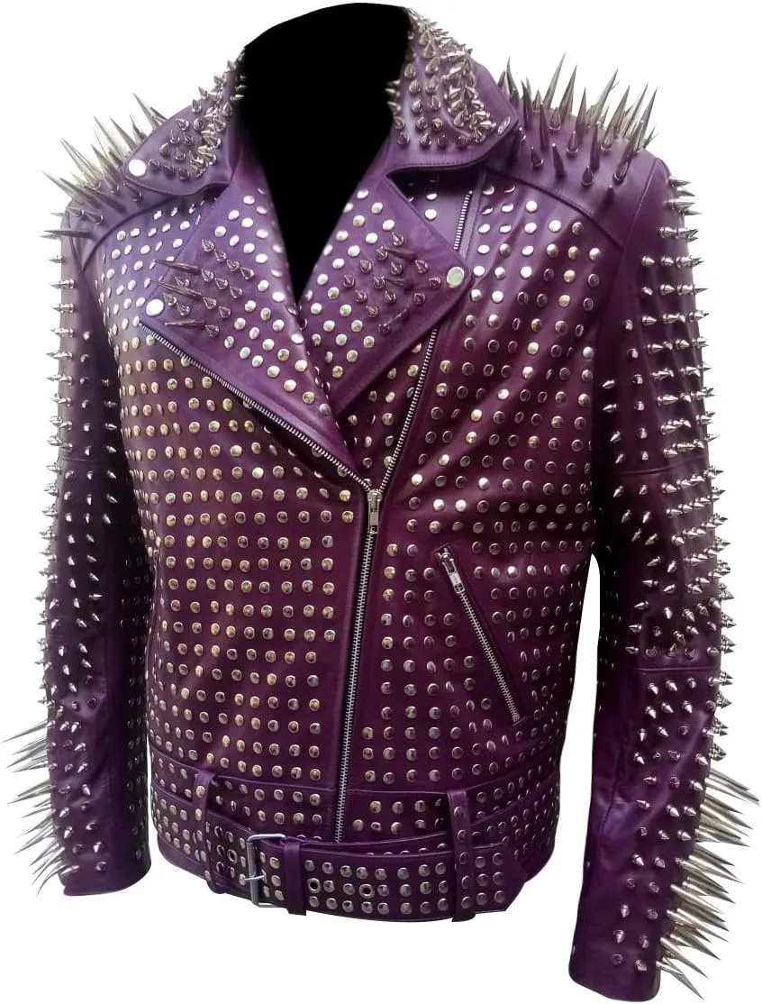 Mens Brando Biker Rock Punk Studded Spike Black Motorcycle Cowhide Leather Jacket