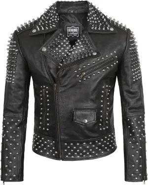 Mens Brando Biker Rock Punk Studded Spike Black Motorcycle Cowhide Leather Jacket