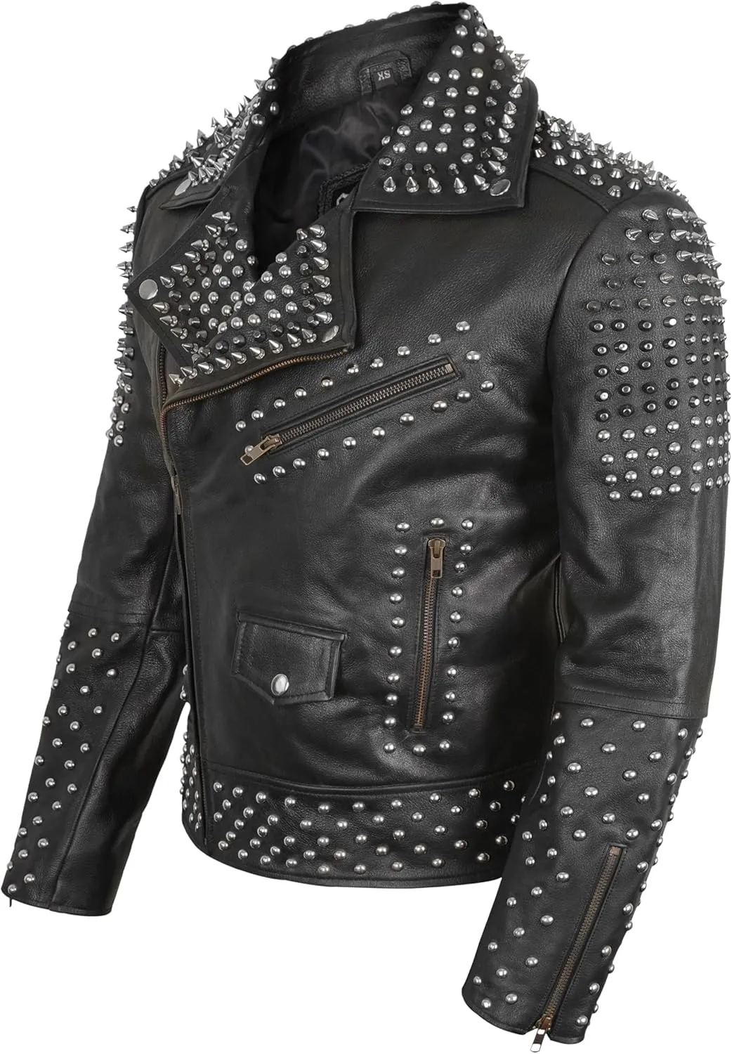 Mens Brando Biker Rock Punk Studded Spike Black Motorcycle Cowhide Leather Jacket