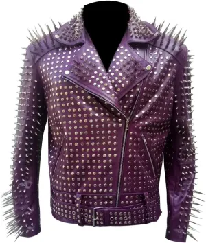 Mens Brando Biker Rock Punk Studded Spike Black Motorcycle Cowhide Leather Jacket