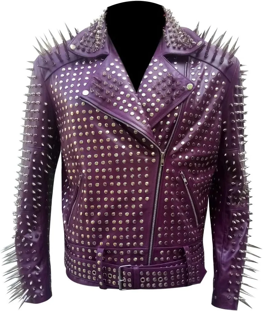 Mens Brando Biker Rock Punk Studded Spike Black Motorcycle Cowhide Leather Jacket
