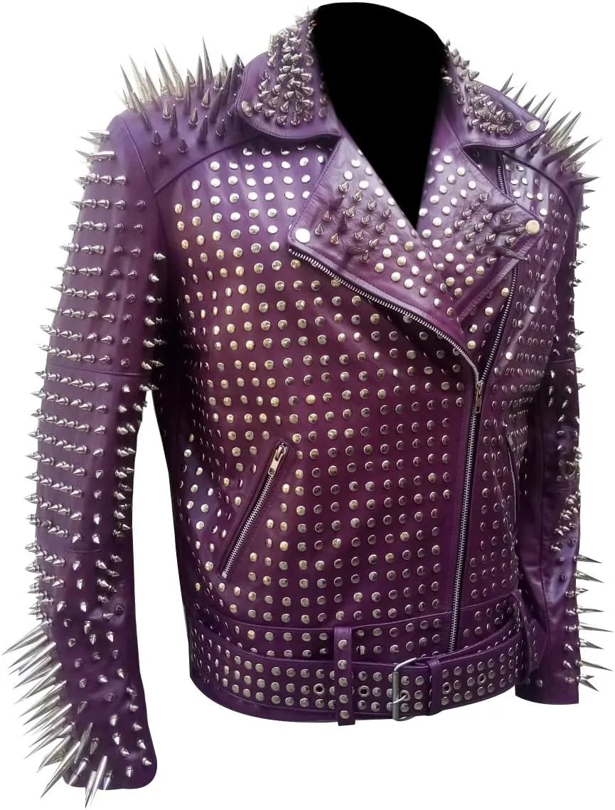 Mens Brando Biker Rock Punk Studded Spike Black Motorcycle Cowhide Leather Jacket