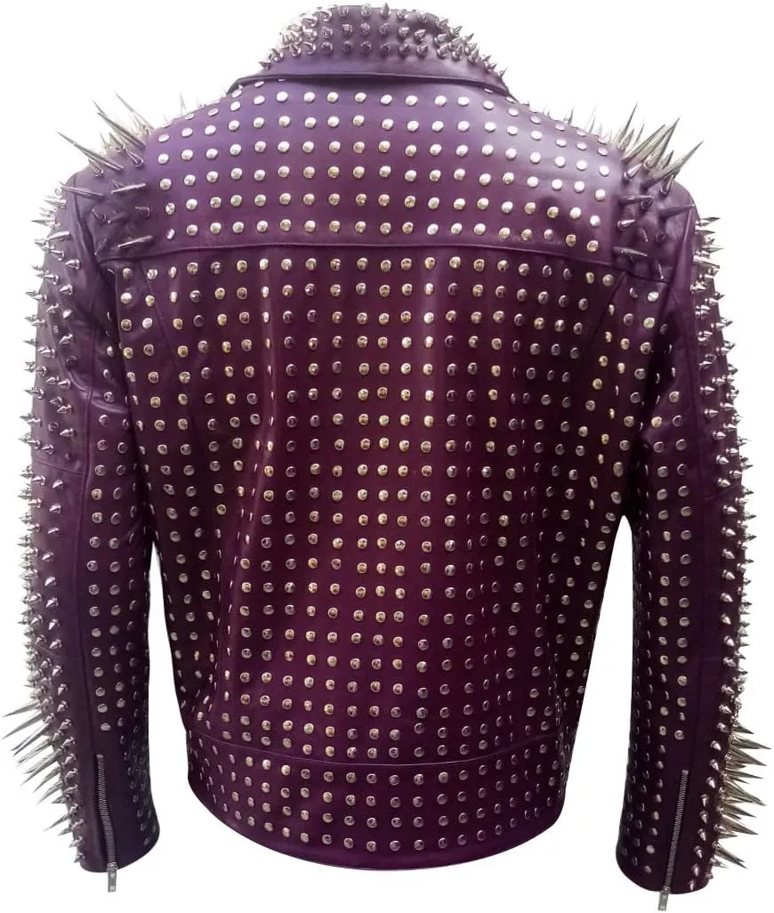 Mens Brando Biker Rock Punk Studded Spike Black Motorcycle Cowhide Leather Jacket