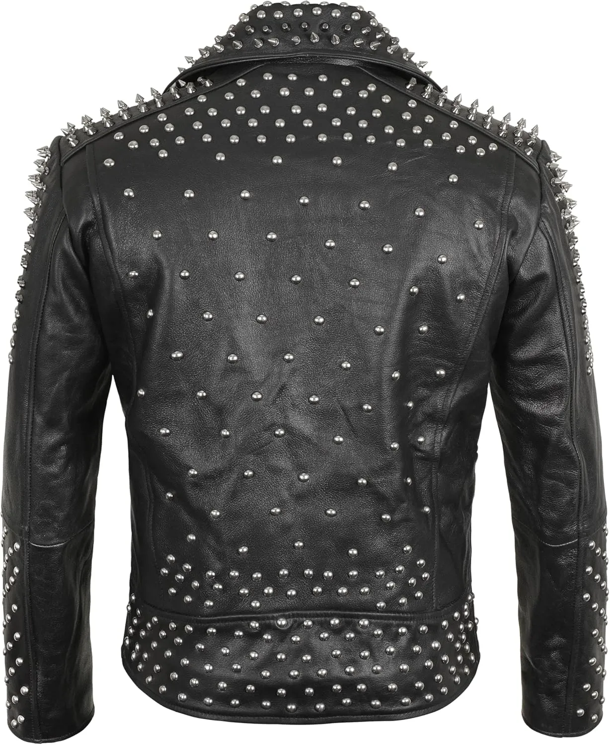 Mens Brando Biker Rock Punk Studded Spike Black Motorcycle Cowhide Leather Jacket