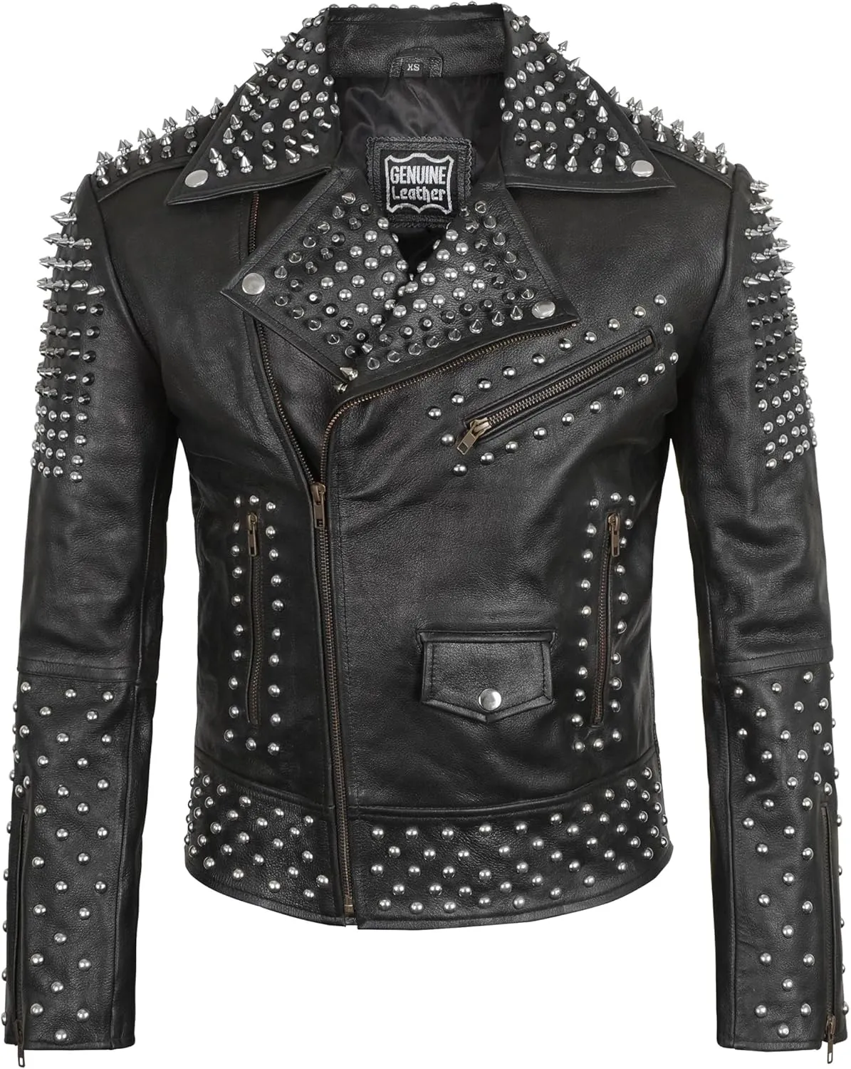 Mens Brando Biker Rock Punk Studded Spike Black Motorcycle Cowhide Leather Jacket