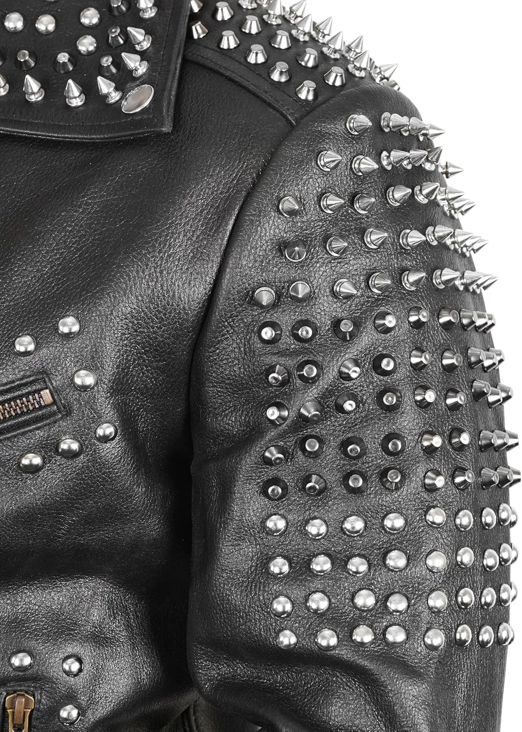 Mens Brando Biker Rock Punk Studded Spike Black Motorcycle Cowhide Leather Jacket