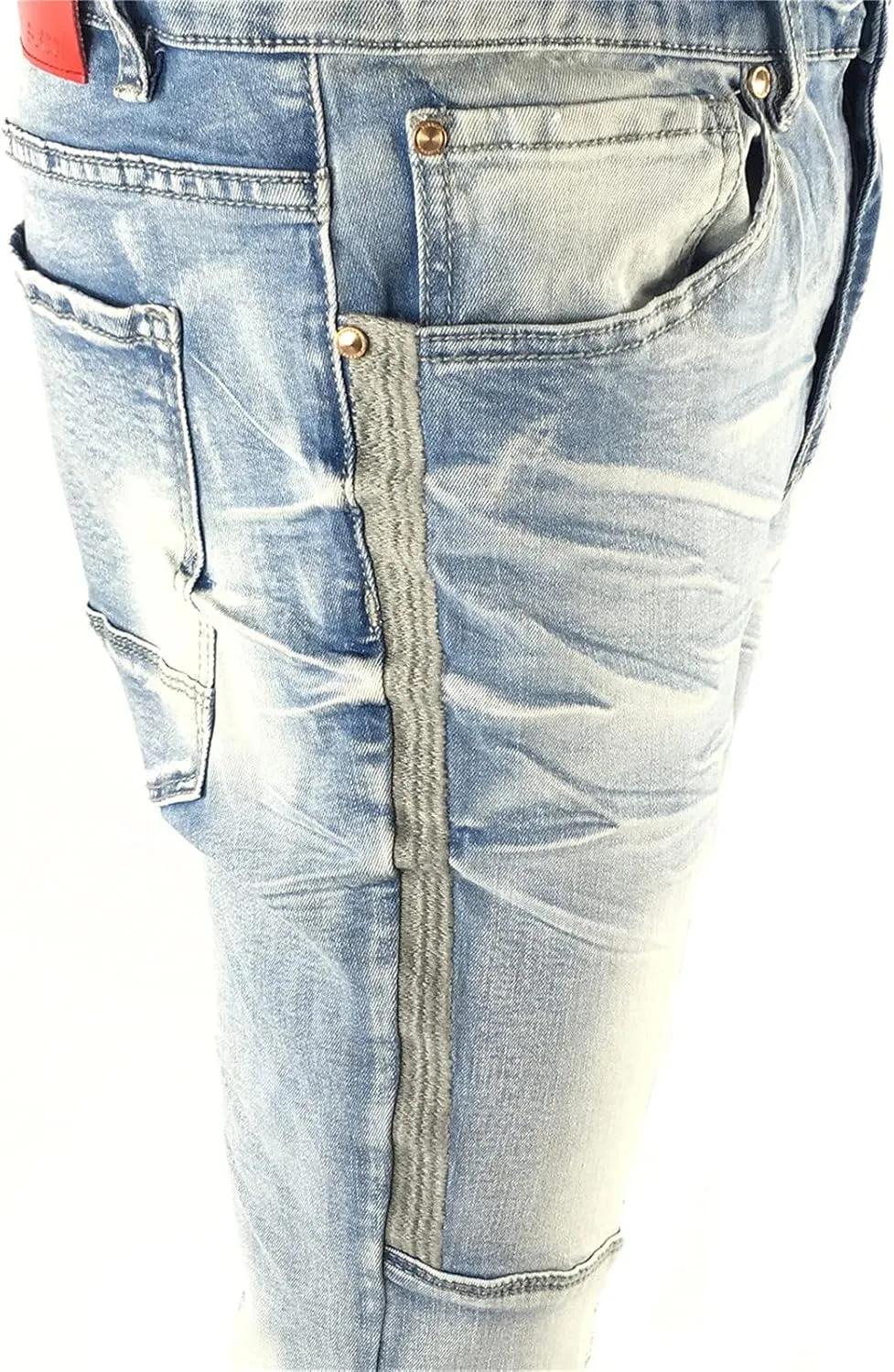 Men's Denim Jeans, Skinny Stretch Pleats Vintage Long Pant with Outside Tape