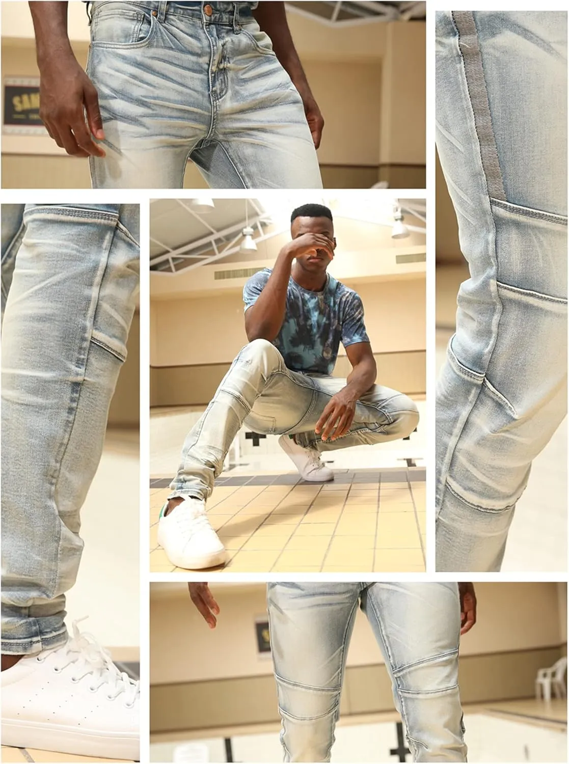 Men's Denim Jeans, Skinny Stretch Pleats Vintage Long Pant with Outside Tape