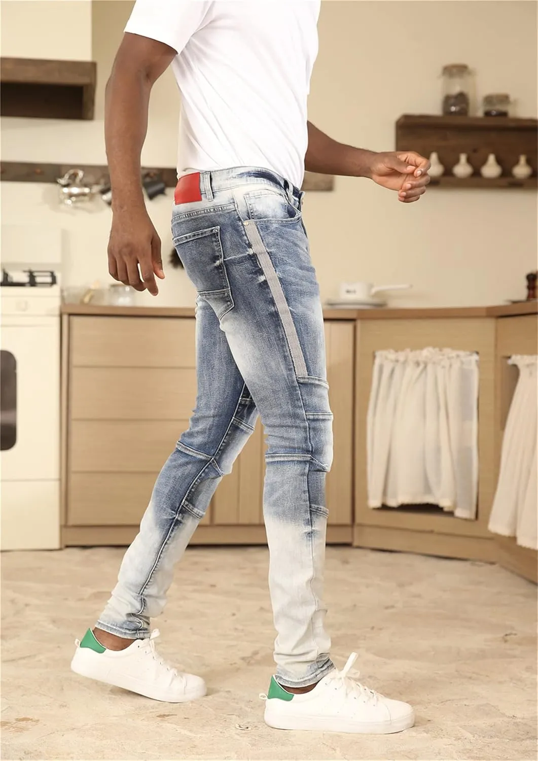 Men's Denim Jeans, Skinny Stretch Pleats Vintage Long Pant with Outside Tape