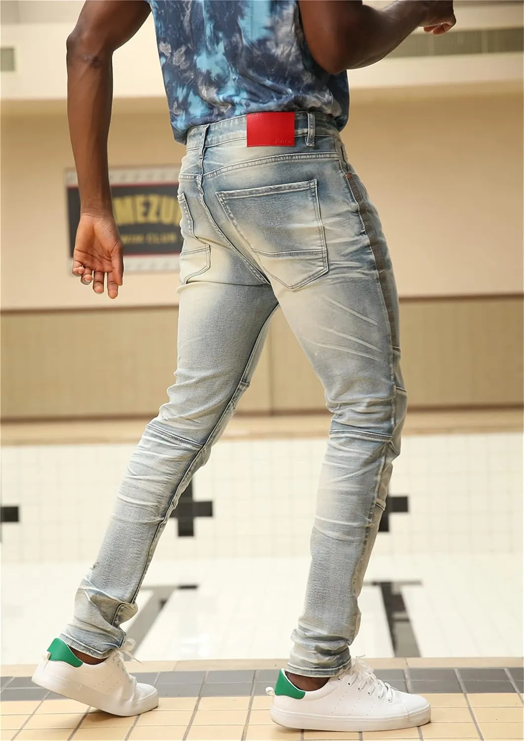 Men's Denim Jeans, Skinny Stretch Pleats Vintage Long Pant with Outside Tape