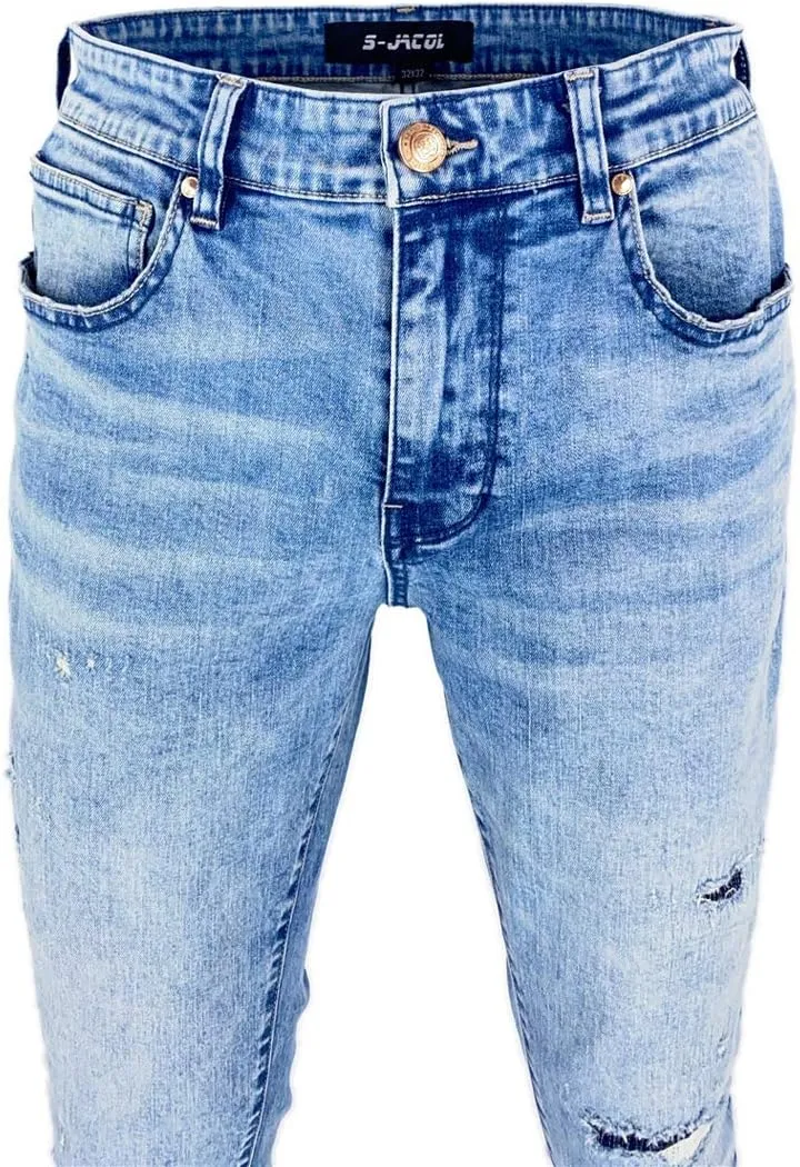 Men's Denim Jeans, Skinny Stretch Pleats Vintage Long Pant with Outside Tape