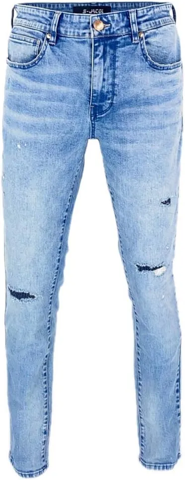 Men's Denim Jeans, Skinny Stretch Pleats Vintage Long Pant with Outside Tape