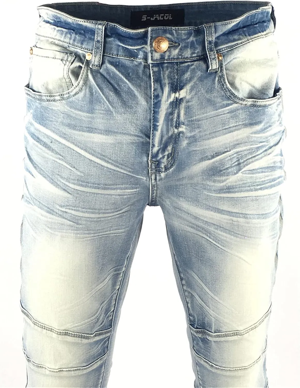 Men's Denim Jeans, Skinny Stretch Pleats Vintage Long Pant with Outside Tape