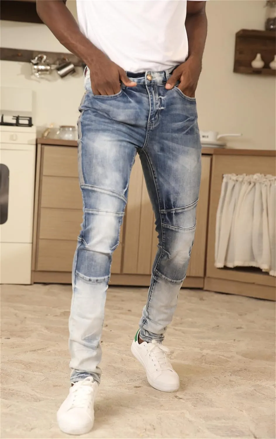 Men's Denim Jeans, Skinny Stretch Pleats Vintage Long Pant with Outside Tape