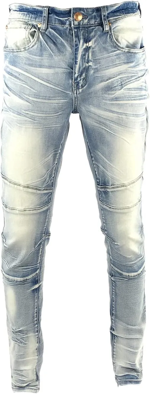 Men's Denim Jeans, Skinny Stretch Pleats Vintage Long Pant with Outside Tape